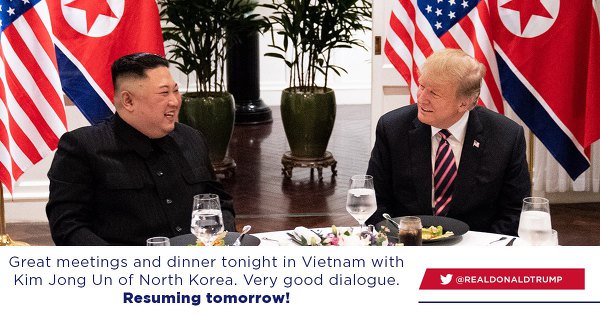 북한 김정은 위원장과 회담과 저녁 만찬에서 좋은 대화를 나눴다고 페이스북에 올린 트럼프 대통령. ⓒ트럼프 페이스북
