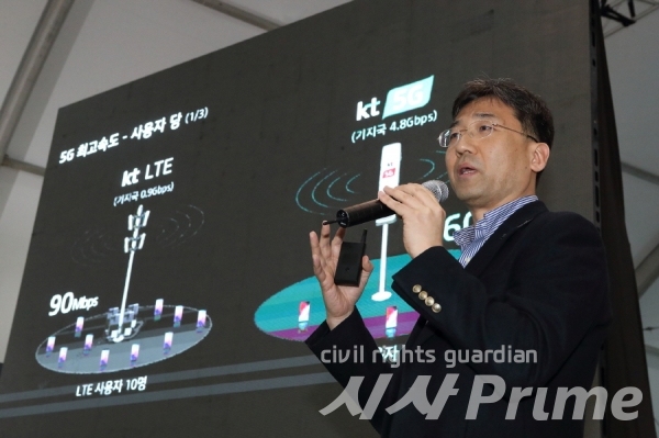 26일 KT 5G 기술 기자설명회에서 KT 네트워크전략본부장 서창석 전무가 KT 5G 네트워크 기술과 관련해 설명하는 모습.  ⓒKT