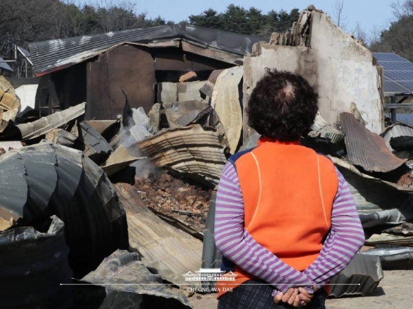 '강원산불'로 가옥이 불타 망연자실한 피해 주민.  ⓒ청와대