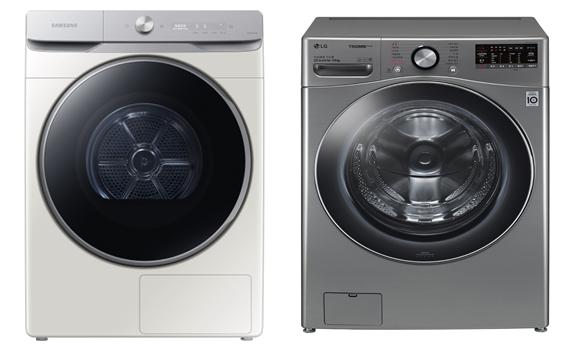 삼성전자 그랑데 AI 세탁기(사진, 좌) LG전자 AI DD 세탁기 ‘LG 트롬 세탁기 씽큐’ ⓒ각사