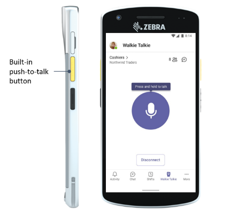 ▲ 지브라 휴대용 컴퓨터에서 구동되는 ‘팀즈 워키토키 앱(왼쪽)’과 팀즈에서 학습 콘텐츠를 검색하고 공유할 수 있는 ‘비바 러닝 앱(오른쪽)’